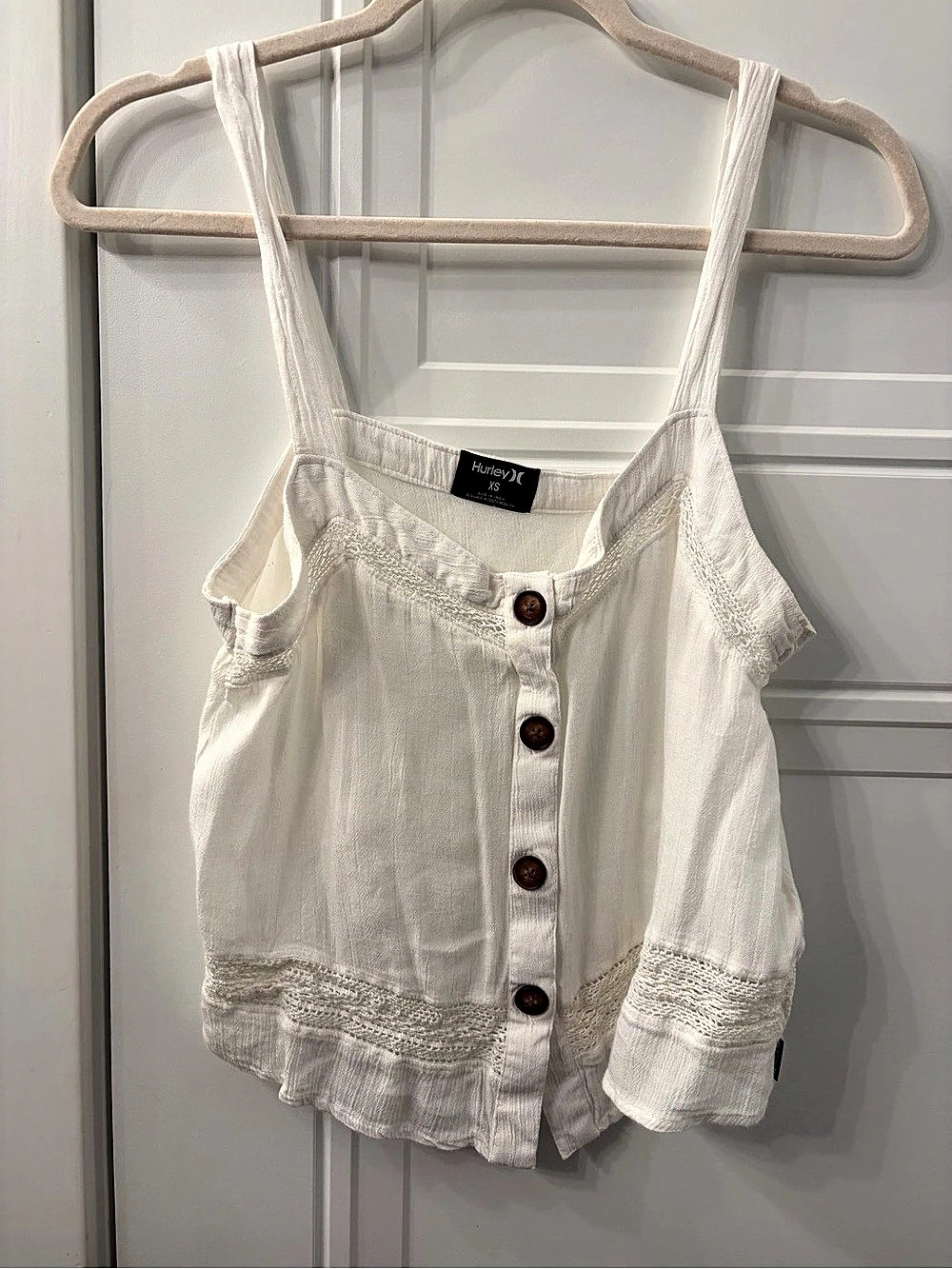 Hurley White Lace Trim Button Front Tank XS Like New